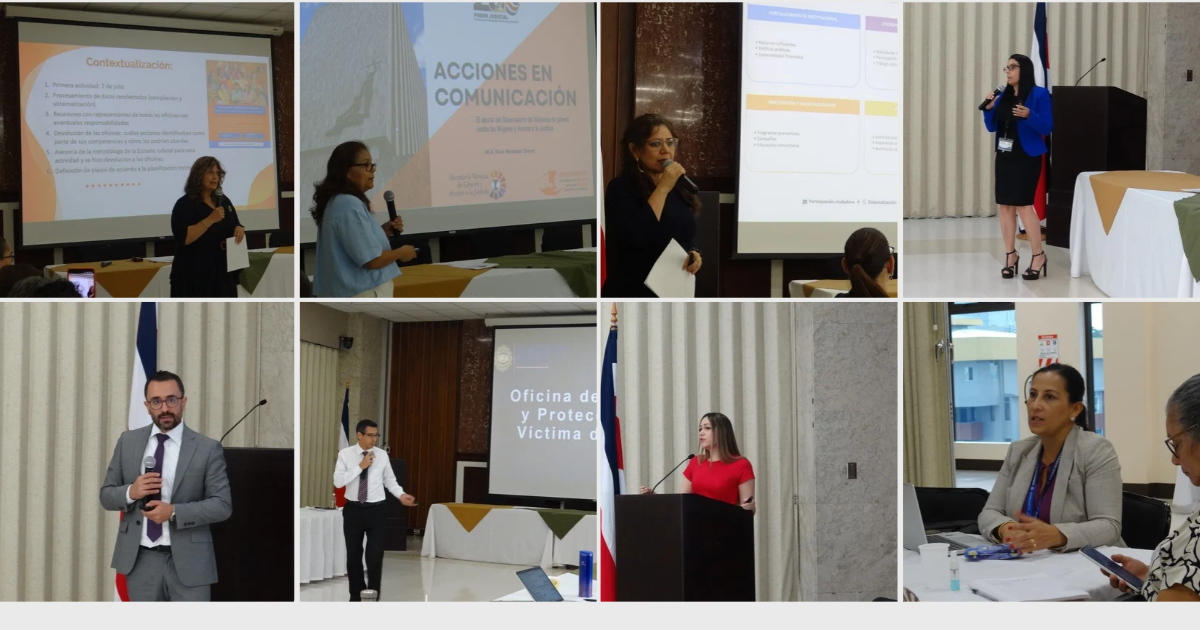 Todas las fotografías fueron tomadas en un salón de conferencias equipado con pantalla de proyección, podio, sistema de sonido y mobiliario para presentaciones. Las imágenes capturan diversos momentos de exposición en los que diferentes personas participan como ponentes, facilitadoras o integrantes de mesas de trabajo.